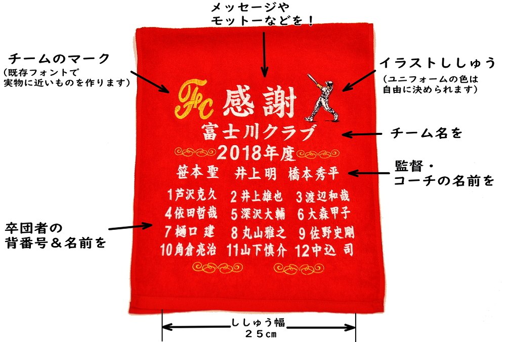 卒団記念 卒部記念に メンバー全員の名前刺繍入り記念タオル 野球部実績多数あり